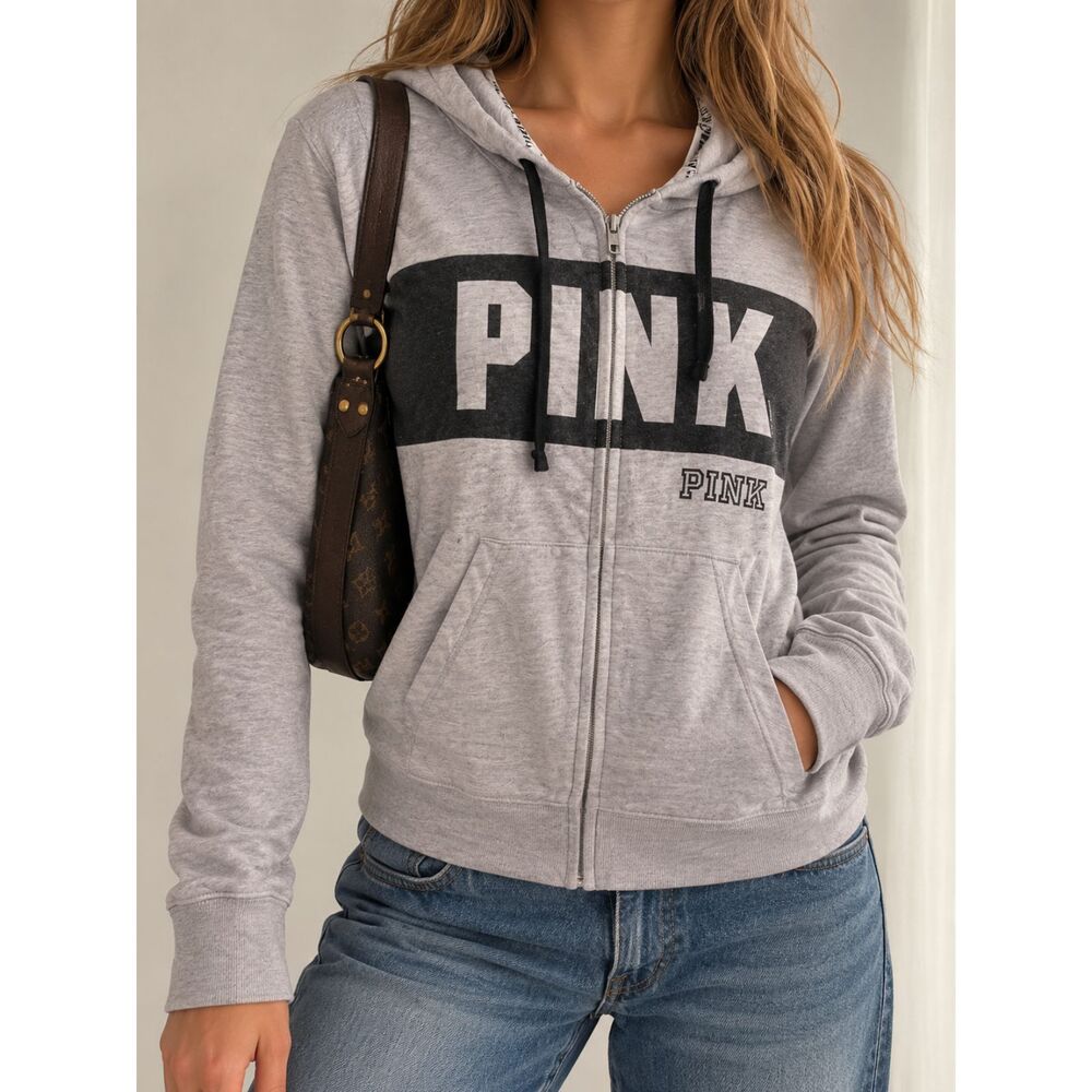 PINK Gray Graphic Full Zip Hoodie